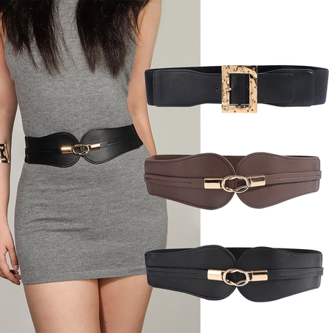 Ceinture Élastique Large pour Femmes en Similicuir Corset Extensible Avec Boucle en Métal Doré pour Robes Manteau Mode Accessoire