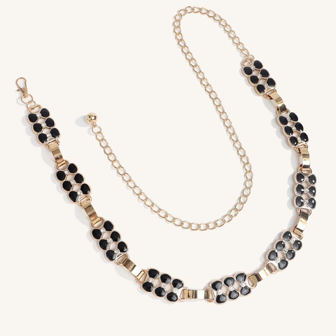 Cadena de Cintura de Metal Vintage para Mujer Oro Negro Flor Strass Incrustado Diseño de Trébol Cadena de Cinturón Decorativa