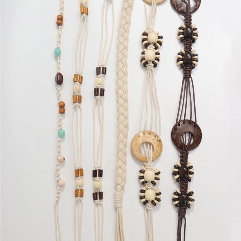 Vintage Bohemian Braided Waist Chain Belt For Women Cotton Linen Wax Rope Wood Beads Decorative Dress Waist Belt For Vacation