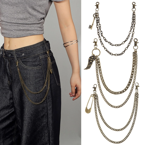 Catena per Pantaloni Punk Retrò in Metallo a Doppio Strato Con Pendenti Piuma Chiave Spilla Stile Antico Gioielli Unisex