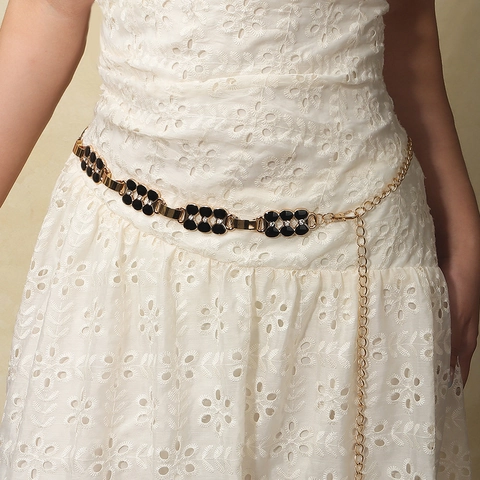 Dames Strik Strass Ingelegde Metalen Body Chain Riem Vintage Bloem Verguld Emaille Strandjurk Sieraden Accessoire