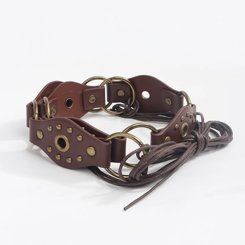 Damen Boho Vintage Taillenkette Gürtel PU Leder Metallring Patchwork Nieten Quasten Dekor Bindegürtel Für Kleider