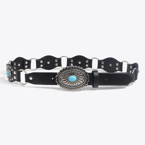 Cinturón de Cuero PU Bohemio Vintage para Mujer Con Hebilla Ovalada de Turquesa Artificial y Anillos de Metal Estilo Étnico