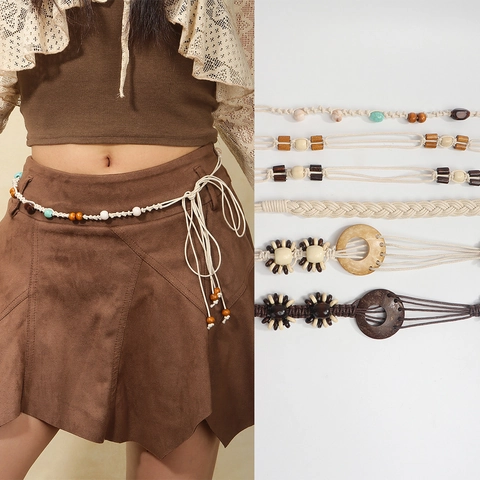 Vintage Bohemian Braided Waist Chain Belt For Women Cotton Linen Wax Rope Wood Beads Decorative Dress Waist Belt For Vacation