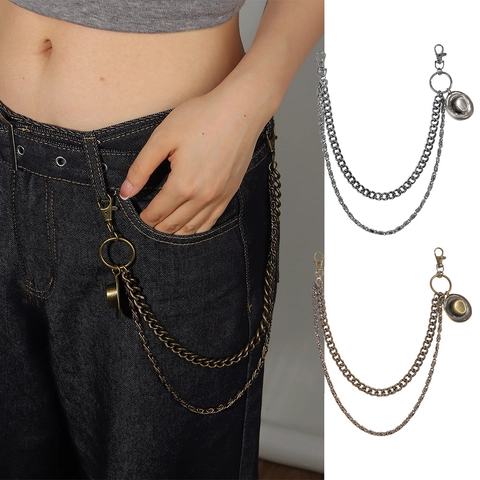 Cintura a Catena in Metallo a Doppio Strato Vintage Con Pendente a Cappello da Cowboy Stile Punk Bronzo Antico Argento