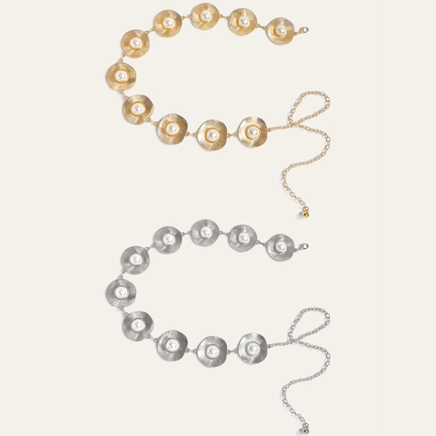 Cintura a Catena da Vita Vintage in Lega con Dischi a Trama Solare e Perle Artificiali Catena Corpo in Metallo Regolabile