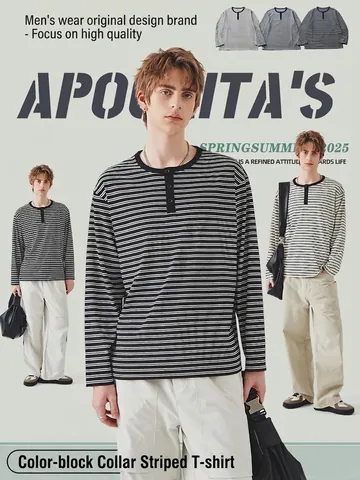 Heren Losse Pasvorm Gestrept T-Shirt Lange Mouw Casual Henley Ronde Hals Color Block Lente Basis Top Voor Dagelijks