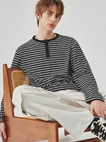 Heren Losse Pasvorm Gestrept T-Shirt Lange Mouw Casual Henley Ronde Hals Color Block Lente Basis Top Voor Dagelijks