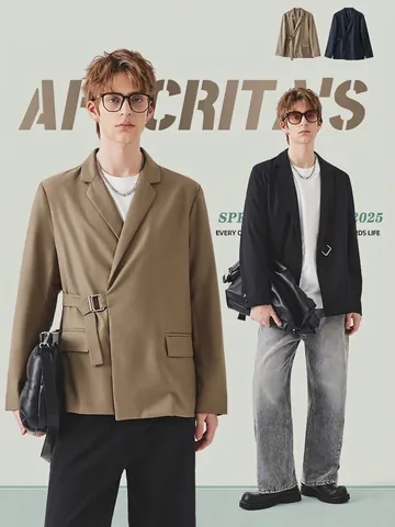 Men Casual Blazer Jacket Korean Style Loose Fit Side Buckle Design Solid Color Outerwear For Spring Autumn Men