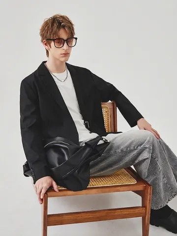 Men Casual Blazer Jacket Korean Style Loose Fit Side Buckle Design Solid Color Outerwear For Spring Autumn Men