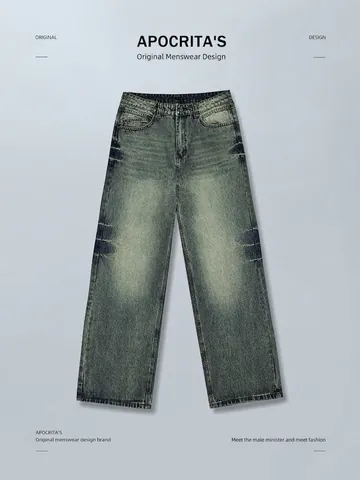 Ανδρικό Vintage Washed Straight Denim Jeans Αμερικάνικο High Street Style Ρετρό Φθαρμένο Βαμβακερό Μακρύ Παντελόνι Streetwear Casual