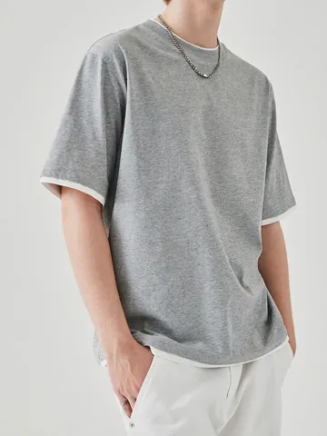 Heren T-Shirt Fake Twee Stuks Korte Mouw Ronde Hals Katoenmix Losjes Casual Zomer Effen Kleur Patchwork Top