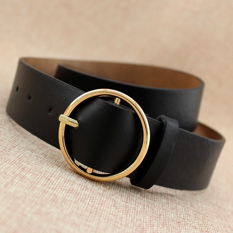 Cintura da Donna Minimalista in Pelle PU Con Fibbia ad Ardiglione in Lega Rotonda Oro Nero Accessorio Moda per Jeans