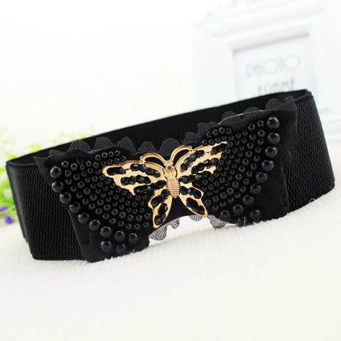 Cinturón de Corsé Elástico con Lazo de Mariposa para Mujer Elegante Perla Artificial Incrustada Pretina de Aleación Accesorio de Vestido