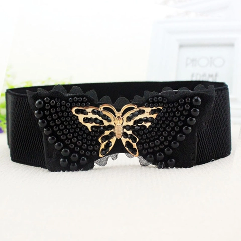 Cinturón de Corsé Elástico con Lazo de Mariposa para Mujer Elegante Perla Artificial Incrustada Pretina de Aleación Accesorio de Vestido