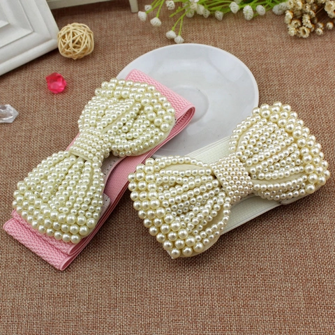 Cintura a Corsetto Elastica Larga Elegante da Donna Con Grande Fiocco Decorazione in Perla Artificiale Cintura Retrò per Abiti