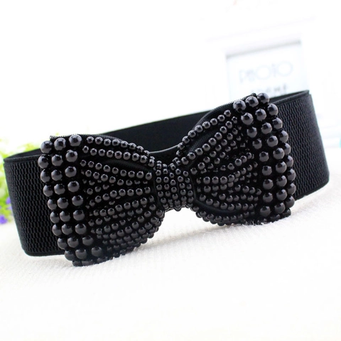 Cintura a Corsetto Elastica Larga Elegante da Donna Con Grande Fiocco Decorazione in Perla Artificiale Cintura Retrò per Abiti