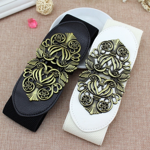 Damen Vintage Hof Geschnitzt Breit Gummigürtel Korsettgürtel PU Leder Taillenschlankheit Mit Retro Legierung Blumen Gesp Für Kleid