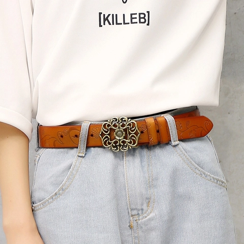Cintura in Pelle di Crosta Vintage da Donna Con Motivo Floreale in Rilievo Fibbia a Piastra Intagliata Lega Cintura Casuale per Jeans
