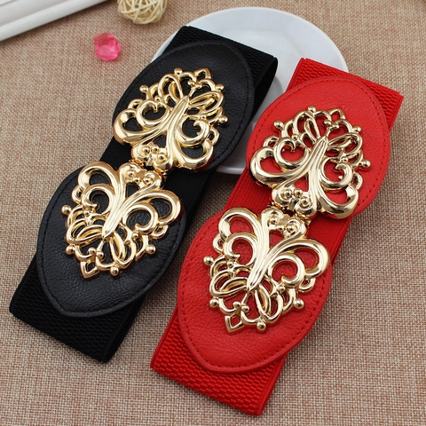 Damen Vintage Hofstil Breiter Elastischer Korsettgürtel Elegant Goldene Hohlblume Schnalle Retro Kunstleder Dehnbarer Taillengürtel