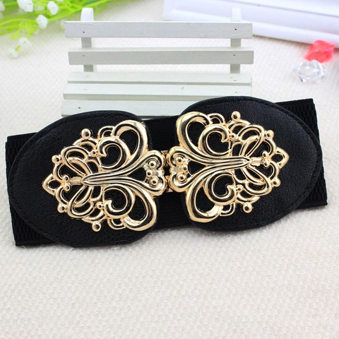 Damen Vintage Hofstil Breiter Elastischer Korsettgürtel Elegant Goldene Hohlblume Schnalle Retro Kunstleder Dehnbarer Taillengürtel