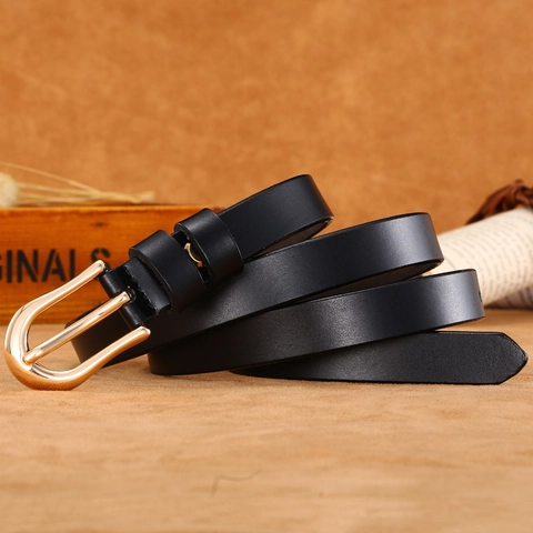 Cintura Sottile da Donna in Vera Pelle Vintage Fibbia ad Ardiglione in Lega Oro Chiaro Moda Crosta di Pelle per Jeans e Abiti