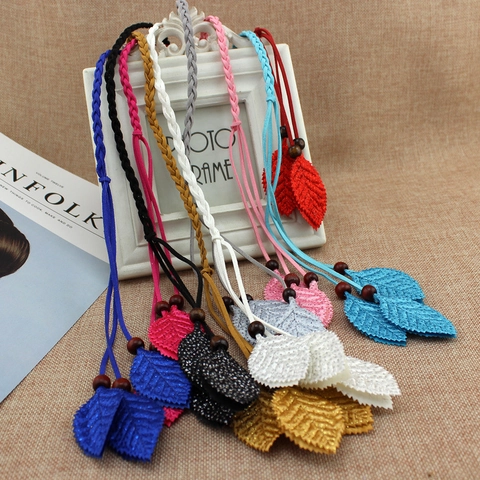 Women Bohemian Braided Waist Chain Belt Thin PU Leather Cord With Leaf Tassel Wood Beads Decorative Knot Belt For Dress