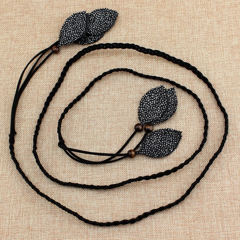 Women Bohemian Braided Waist Chain Belt Thin PU Leather Cord With Leaf Tassel Wood Beads Decorative Knot Belt For Dress