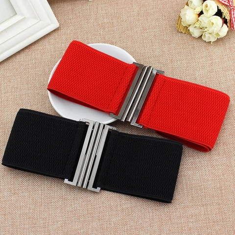 Women Elastic Corset Belt Wide Waist Band Alloy Interlocking Buckle Decorative Cinch Belt For Dresses Overcoats Fashion Commuter Accessories