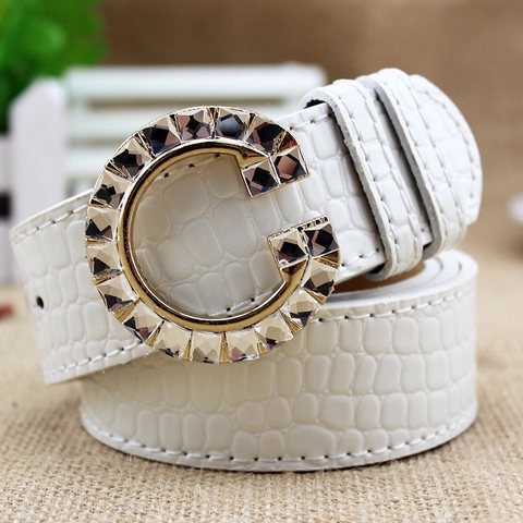 Women Fashion Faux Leather Belt With Rhinestone G Buckle Crocodile Pattern Waistband Ladies Versatile Decorative Belt For Party Daily Wear