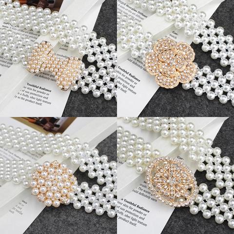 Eleganter Mehrreihiger Künstliche Perlen Elastischer Taillengürtel Für Damen Legierung Strass Schnalle Korsettgürtel Für Kleider Hochzeit Party Taille Schmuck