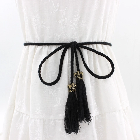 Cintura da Donna Etnica Intrecciata a Mano Sottile Corda Intrecciata Con Nappa Fibbia a Giglio Catena da Vita Decorativa
