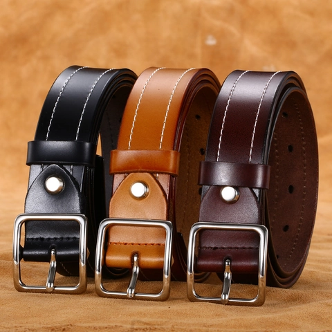 Ceinture pour Femmes en Cuir de Vachette Refendu Décontractée Rétro avec Surpiqûres Mode Boucle Carrée en Alliage pour Jeans