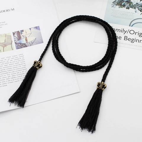 Cintura da Donna Etnica Intrecciata a Mano Sottile Corda Intrecciata Con Nappa Fibbia a Giglio Catena da Vita Decorativa