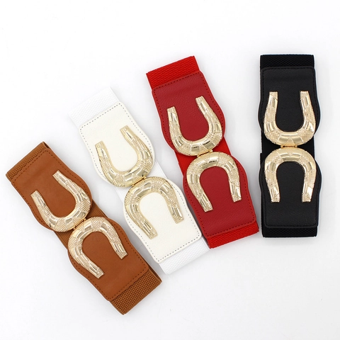 Vrouwen Brede Elastische Taille Riem Kunstleer Stretch Cinch Korset Riem Goud Legering Hoefijzer Sluiting Mode Accessoire