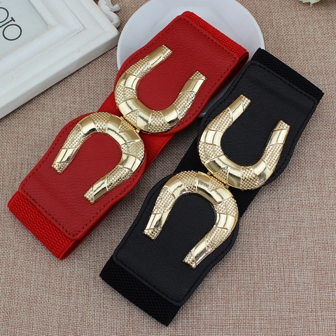 Vrouwen Brede Elastische Taille Riem Kunstleer Stretch Cinch Korset Riem Goud Legering Hoefijzer Sluiting Mode Accessoire