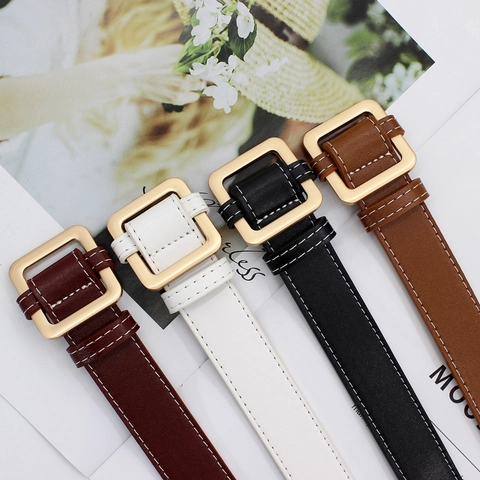 Cintura da Donna alla Moda in Ecopelle Minimalista Fibbia Quadrata in Lega Cuciture a Contrasto Senza Fori Regolabile Versatile Cinturino in Vita