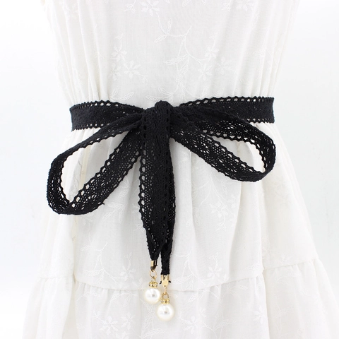 Cintura a Catena in Vita in Pizzo Elegante da Donna Motivo Floreale Vintage Con Ciondolo in Perla Artificiale Cintura Sottile da Annodare per Abito