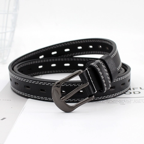 Cintura Sottile da Donna in Pelle PU con Cuciture Bianche a Contrasto e Fibbia ad Ardiglione Cinturino Decorativo Traforato