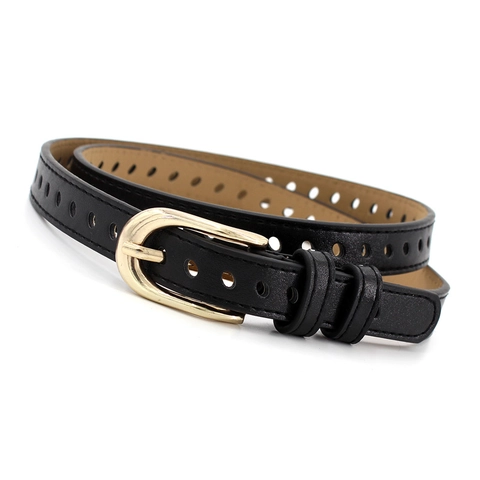 Women's Fashion Skinny PU Leather Belt With Golden Pin Buckle Hollow Perforated Design Versatile Waist Strap For Jeans
