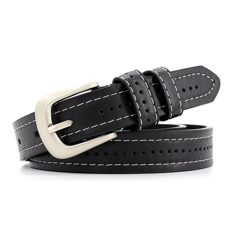 Women Casual PU Leather Belt Vintage Pin Buckle Waistband Contrast Stitching Perforated Thin Decorative Waist Belt For Jeans Dresses