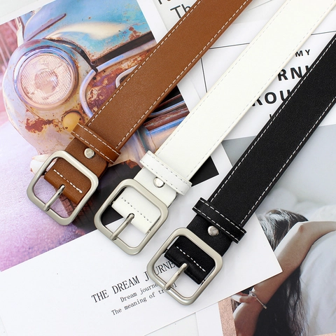 Ceinture pour Femmes en Similicuir Avec Boucle Carrée en Alliage Surpiqûres Blanches Ceinture Décontractée pour Jeans Robes