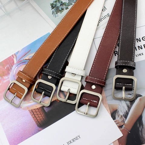 Ceinture pour Femmes en Similicuir Avec Boucle Carrée en Alliage Surpiqûres Blanches Ceinture Décontractée pour Jeans Robes