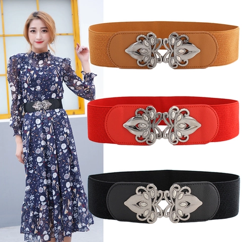 Women Vintage Floral Buckle Wide Elastic Belt Stretchy Cinch Corset Waist Band Artificial Leather PU Alloy Flower Waistband For Dress
