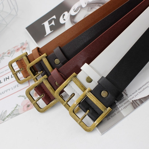 Women Vintage Faux Leather Belt With Antique Copper Rectangular Buckle Simple Adjustable Commuter Waist Strap Accessory