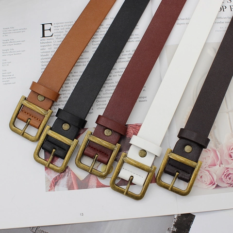 Women Vintage Faux Leather Belt With Antique Copper Rectangular Buckle Simple Adjustable Commuter Waist Strap Accessory