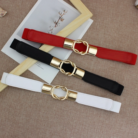 Damen Mode Elastischer Gürtel Goldene Doppelringschnalle Dünner Kunstleder Hüftgürtel Dekoration Für Kleider Rot Schwarz Weiß