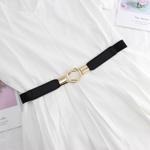 Damen Mode Elastischer Gürtel Goldene Doppelringschnalle Dünner Kunstleder Hüftgürtel Dekoration Für Kleider Rot Schwarz Weiß
