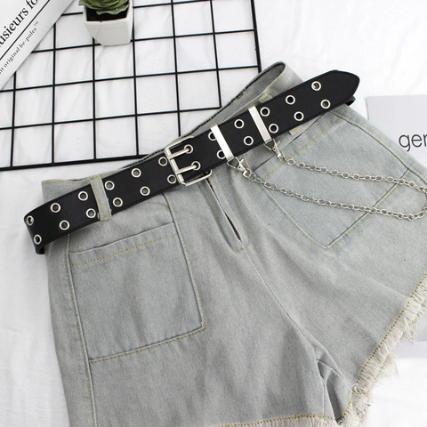 Damen Hip Hop Breiter Gürtel Doppelreihige Ösen Punk PU Leder Hüftgurt Mit Metallkette Mode Dekorativer Gürtel Für Jeans