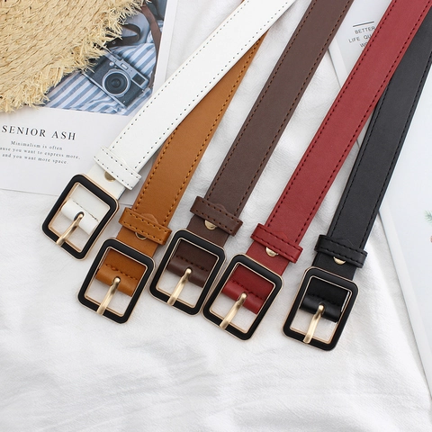 Women Fashion PU Leather Belt With Lacquered Square Alloy Pin Buckle Versatile Decorative Waist Strap For Jeans Dress